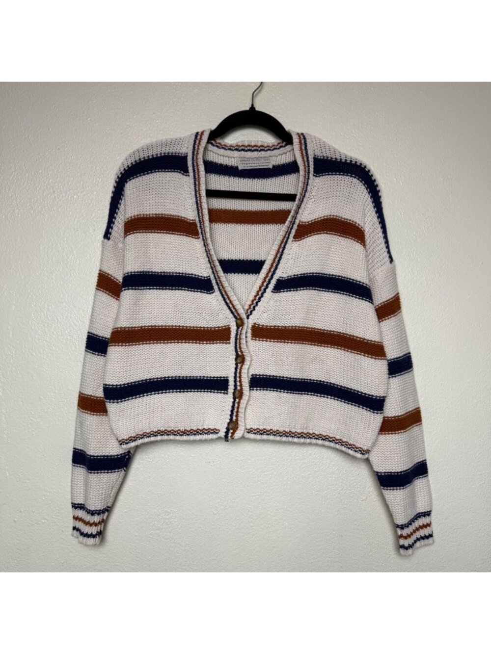 Urban Outfitters Cropped Striped Knit Button Cardigan Sweater White Sz M